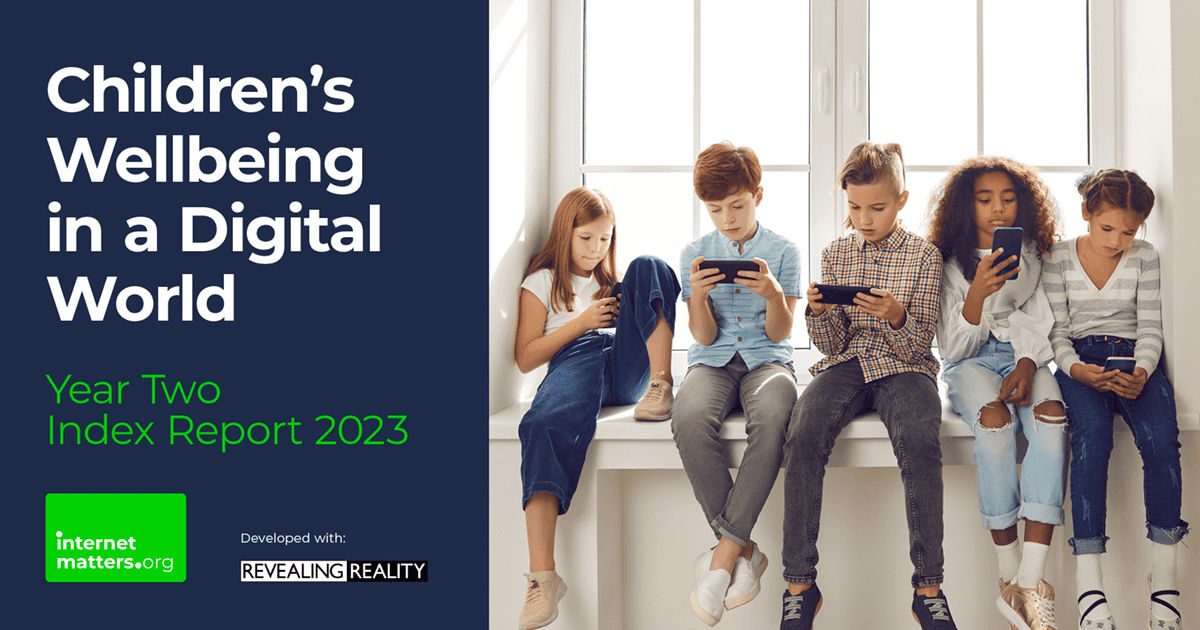 Text reads 'Children's Wellbeing in a Digital World, Year Two, Index Report 2023.' The Internet Matters and Revealing Reality logos sit underneath. On the right is an image of 5 children on smartphones.